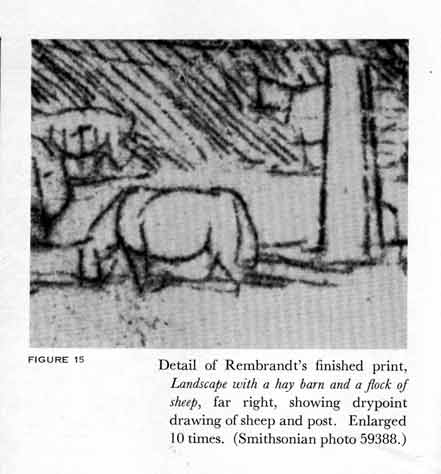 Detail of Rembrandt's finished print, Landscape with a hay barn and a flock of sheep, far right, showing drypoint drawing of sheep and post.