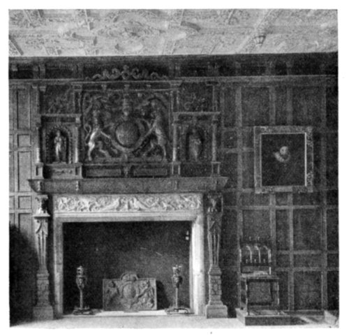 FIREPLACE AND OAK PANELLING.