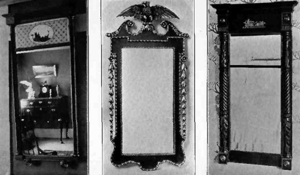 Plate XLIII.—Picture Mirror showing Dawn, in Adams House, 1703; English Georgian Mirror, 1750; Two-piece Looking-glass, 1750.