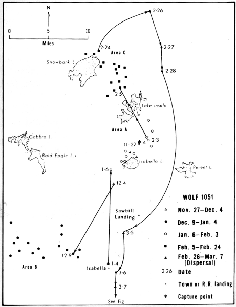 Figure 19.—Locations and range of wolf 1051.
Lines are NOT travel routes; rather they
merely indicate sequence of locations. Only
selected lakes are shown.