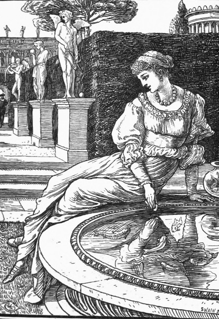 "She was in the garden, lying on the marble edge of a
fountain, feeding the gold fish who swam in the water."—Frontispiece.