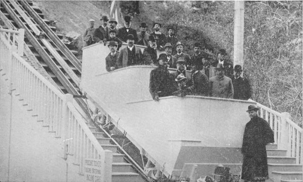 Hon. R. T. Lincoln, Marshall Field, and Other
Distinguished Visitors in White Chariot of Great Cable Incline, Mount
Lowe.