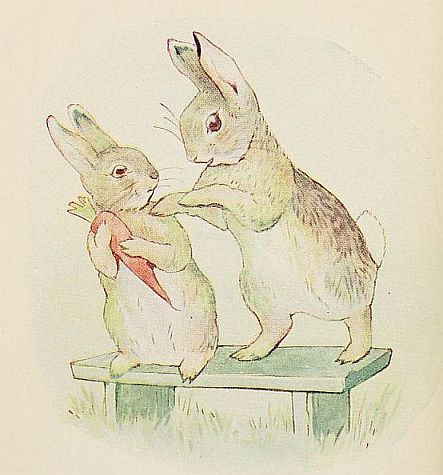 bad rabbit lstanding on bench leaning over good rabbit