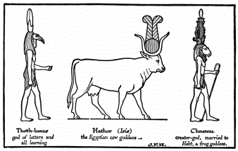 Thoth-lunus
god of letters and
all learning

Hathor (Isis)
the Egyptian cow goddess ...

Chnemu
creator-god, married to
Hekt, a frog goddess.