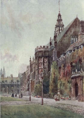 ORIEL WINDOW OF THE HALL, TRINITY GREAT COURT

In the nearer part of the picture is the Master’s Lodge, and in the far
distance two turrets of King’s Chapel stand up against the evening
sky.