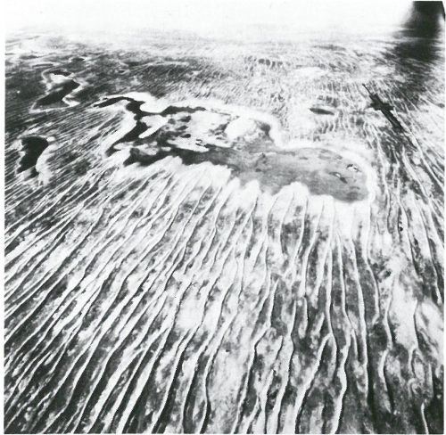 Linear dunes advance on small playas east of Lake Eyre in the Simpson Desert of central Australia (photograph by C. Twidale).