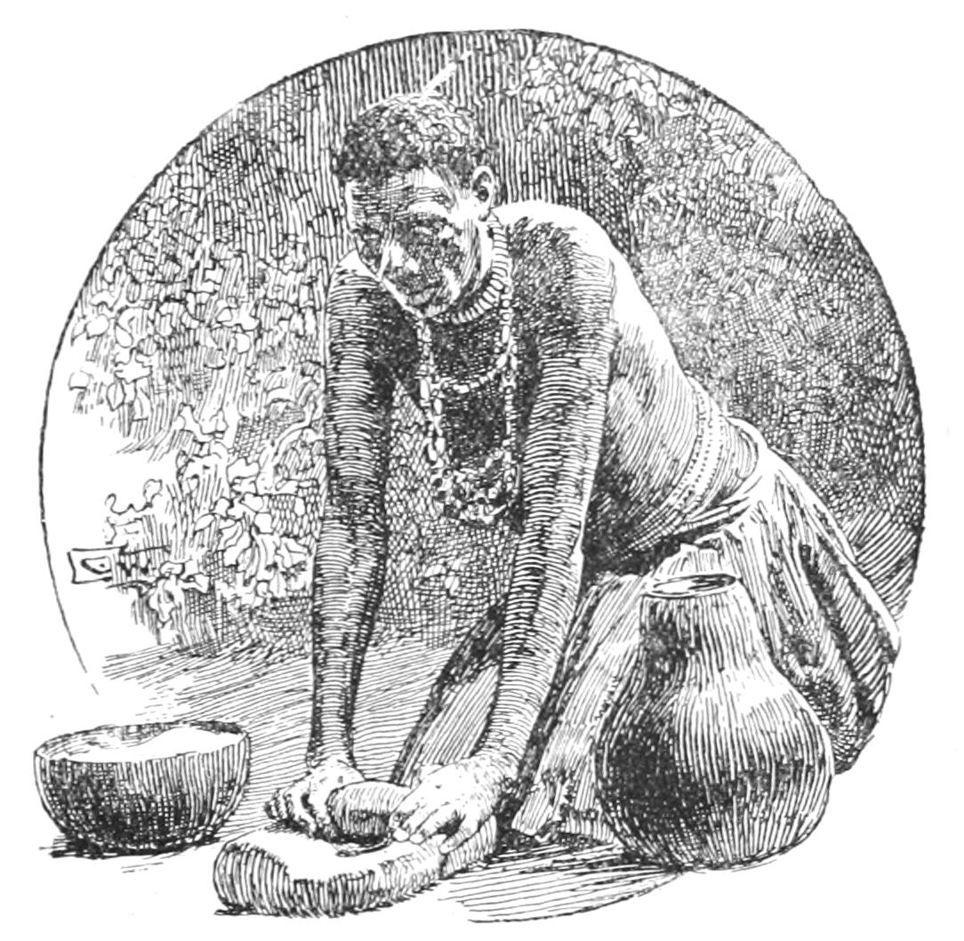 Woman crushing Grain on a Concave Stone with an Oval
Stone Roller