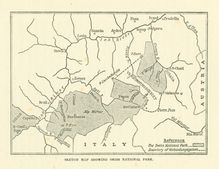 SKETCH MAP SHOWING SWISS NATIONAL PARK.