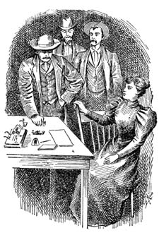 Three men speaking to a woman